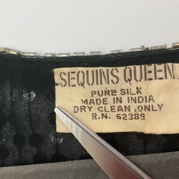 VTG Sequins Queen Medium Silk Beaded Top Black Silver Sequin Floral Embellished* - Picture 4 of 13